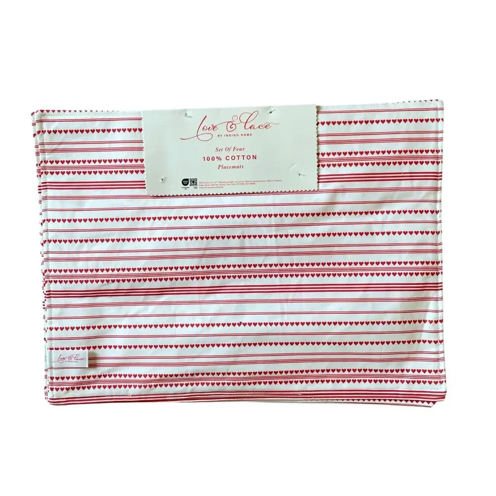 Indigo ACE OF HEARTS Valentine Placemats 19x13 Cotton Red & White Set of 4 NEW